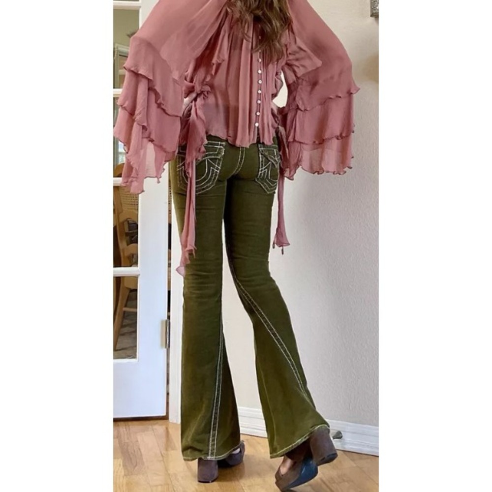 Vintage True Religion Joey Big T Pants Women Olive Bootcut Knit Fleece Y2K 27/30